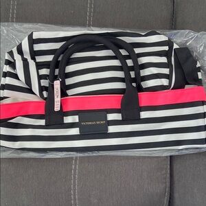 Victoria's Secret Black and hot  Pink Striped tote with strap